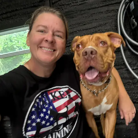 Kelly Walker alongside a brown and white pit bull in the training room