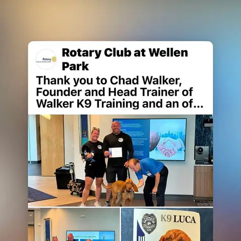 A Rotary Club at Wellen Park post thanking Chad Walker, founder and head trainer of Walker K9 Training, with photos from the talk and of police K-9 Luca